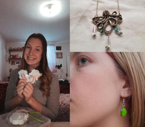 Top left: Senior Deanna Speers shows off her earrings. Top right: One of Junior Lexy Lamberts necklaces. Bottom right: Junior Jessica Nance models her Among Us earrings. 
Photos provided by Deanna Speer, Lexy Lambert and Jessica Nance
