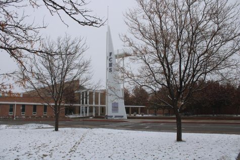Snow falls on the FCHS tower on the afternoon of Nov. 17